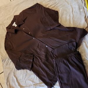 Two Piece Crinkle Cotton Pantsuit Brown